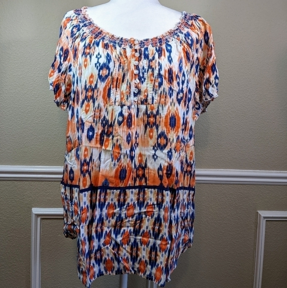 Colorful Peasant Top in Orange Blue and White NWOT